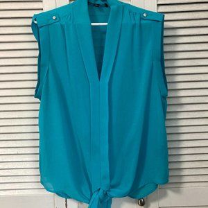 Teal sleeveless blouse with tie front